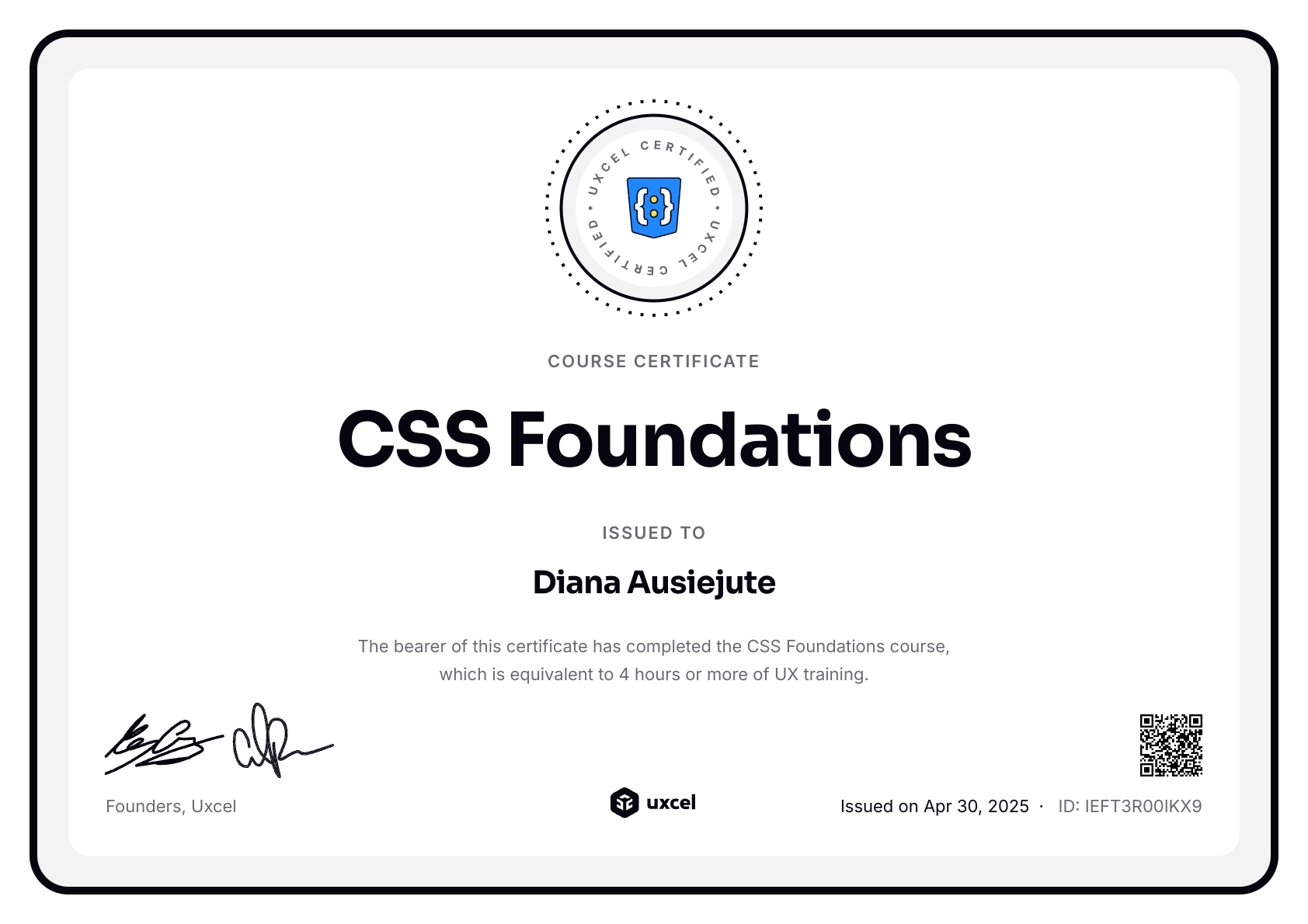 Diana Ausiejute's certificate